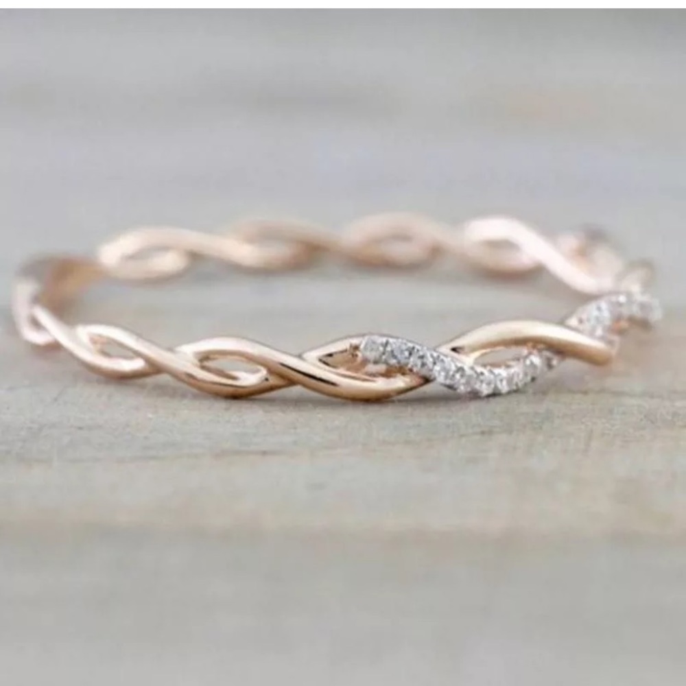 14k Rose Gold Twist Band Ring Cubic Zirconia - Picture 5 of 6